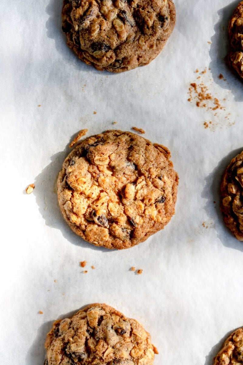 baked oatmeal raisin cookie on sheet pan