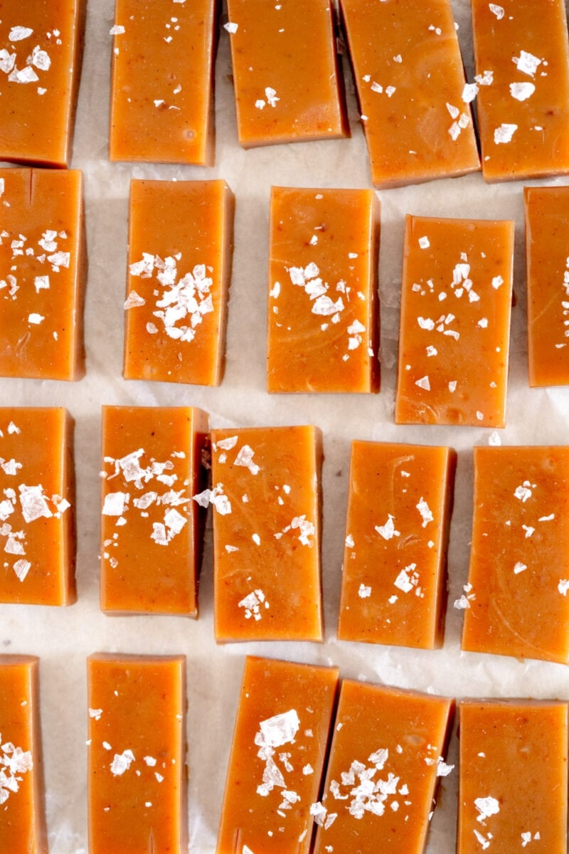 close up of sliced caramel with salt