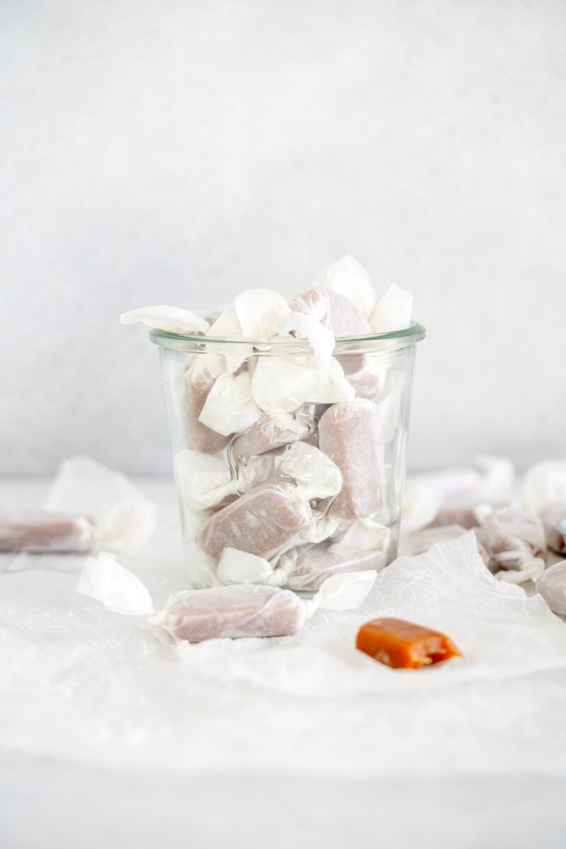 wrapped caramels in a jar