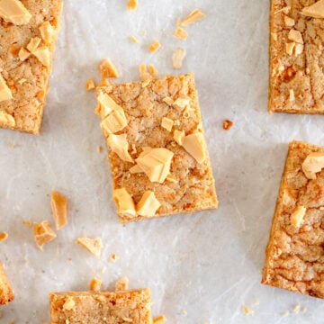 sliced up blondie with white chocolate on top