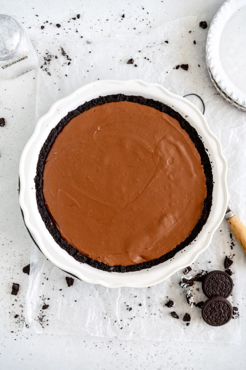 finished french silk pie ready for topping