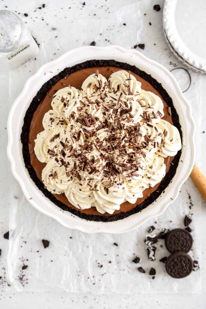 french silk pie topped with whipped cream