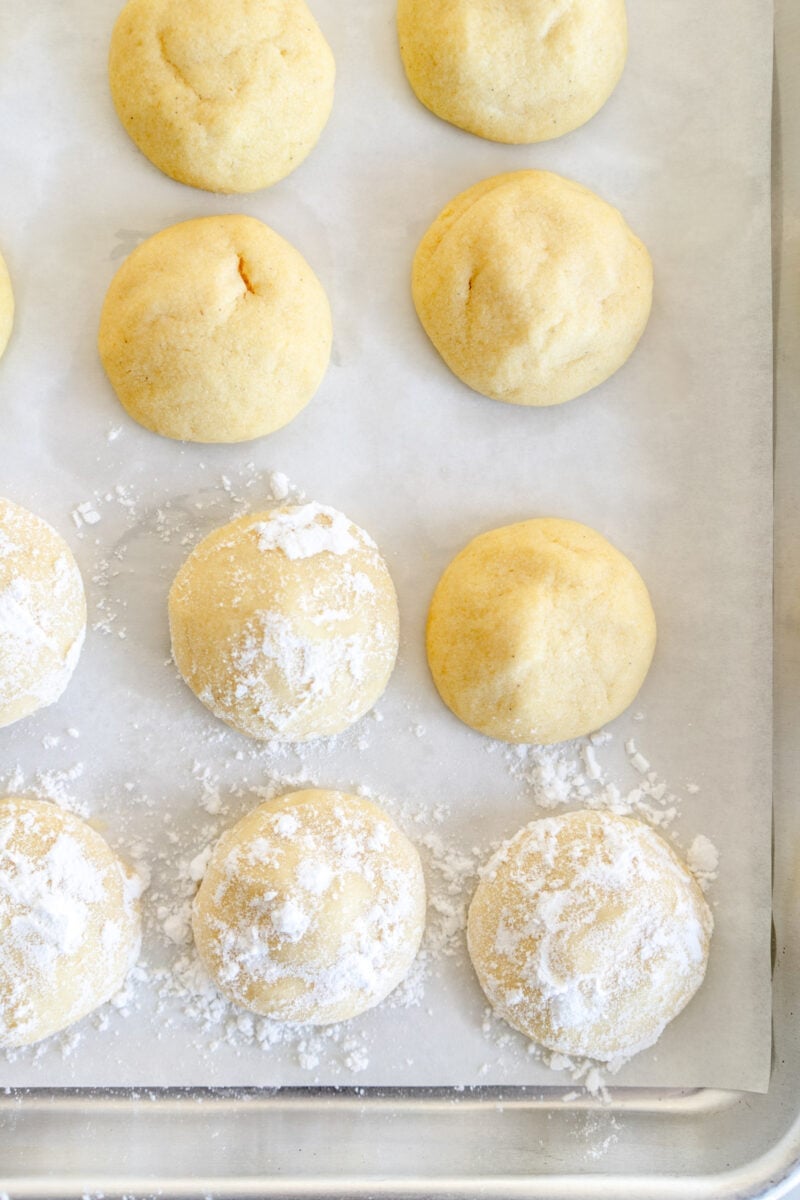 baked cookies rolled in powdered sugar