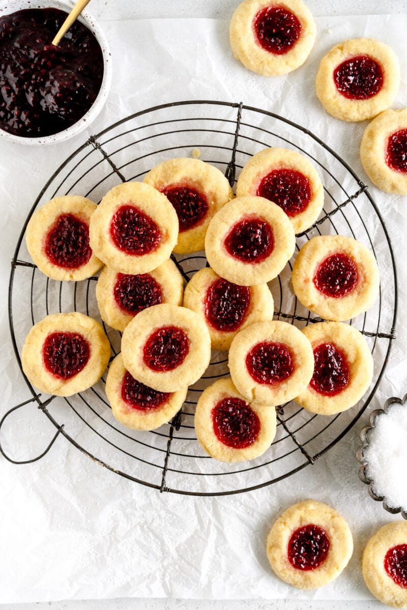 thumbprint cookies on a rack