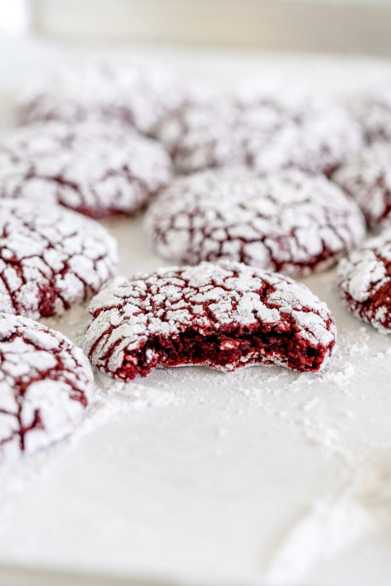 inside shot of red velvet crinkle cookies