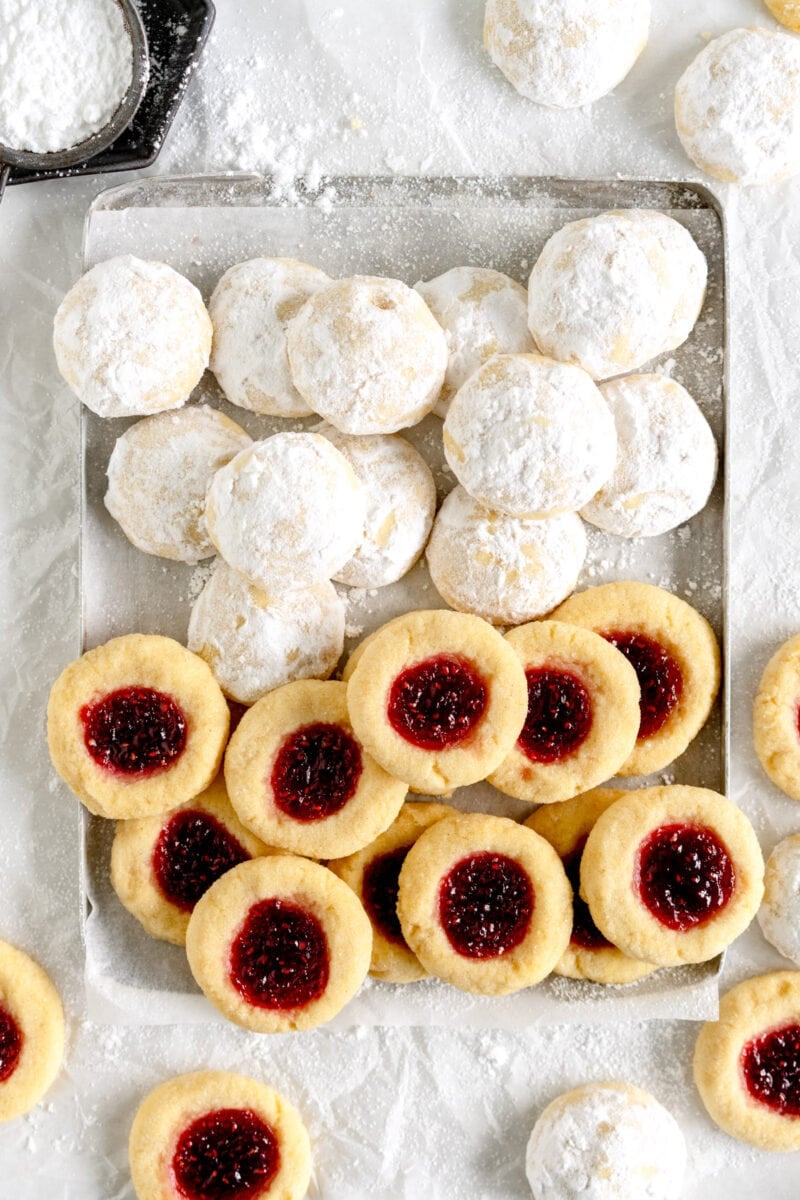 snowball cookies and thumbprint cookies