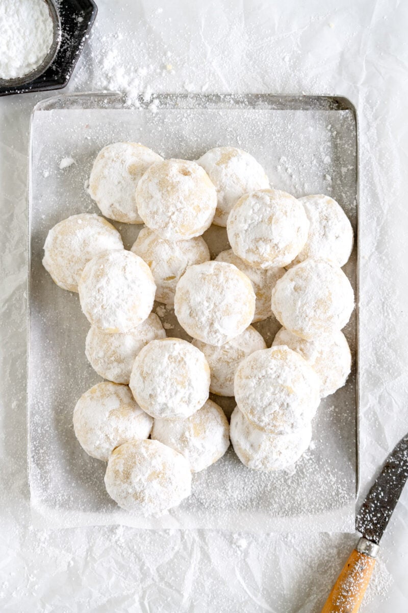 snowball cookies on pan