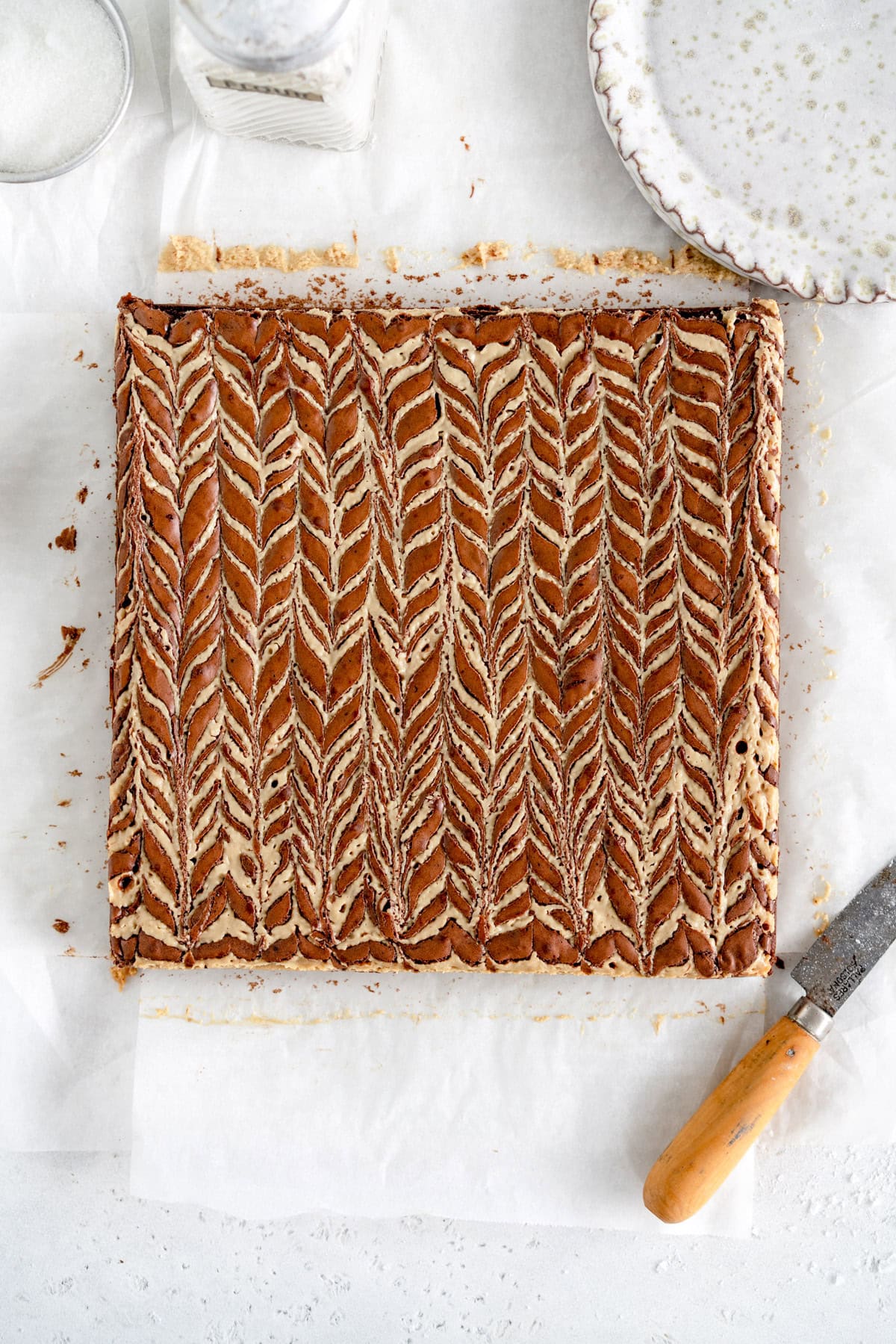 pan of baked tahini brownies