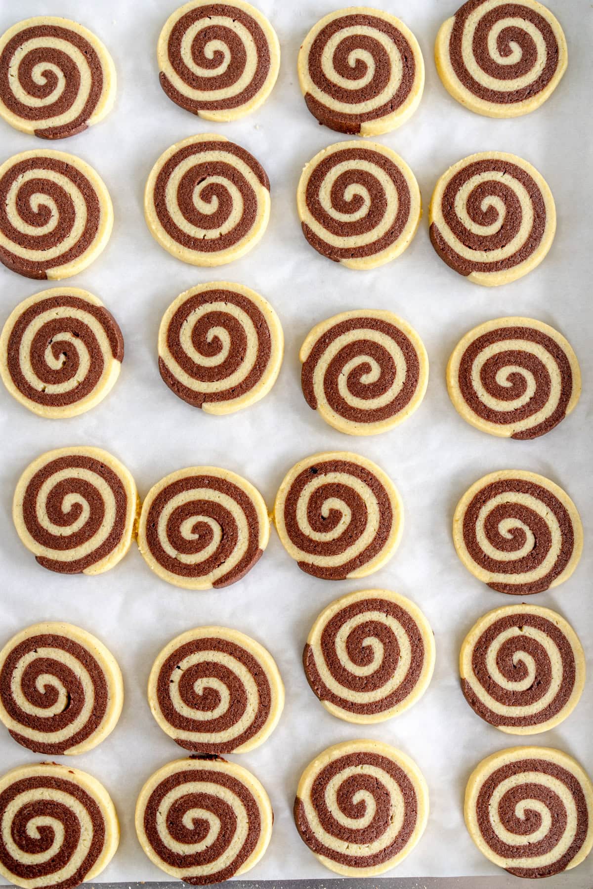 pinwheel cookies baked on a sheet pan