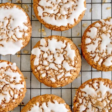 iced oatmeal cookies on rack