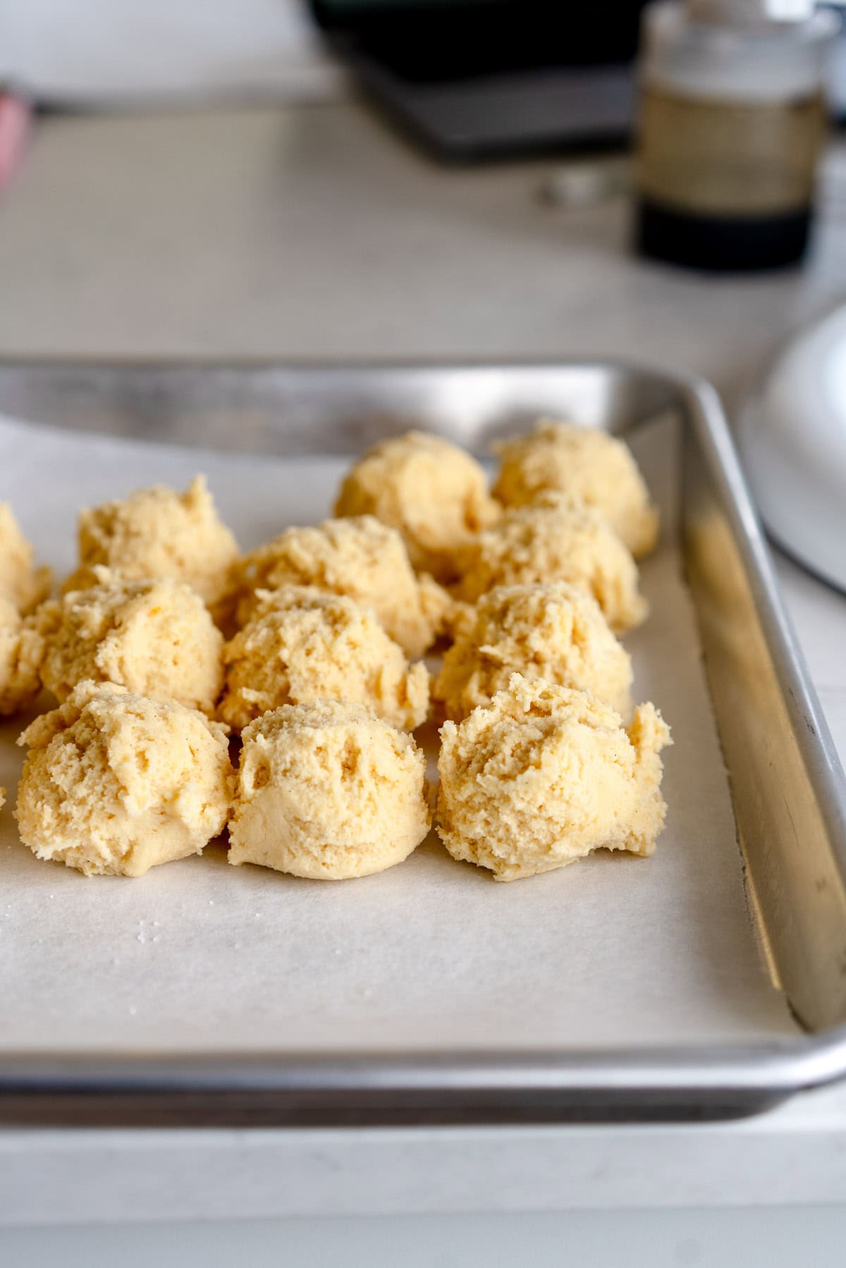 side shot of balls of cookie dough