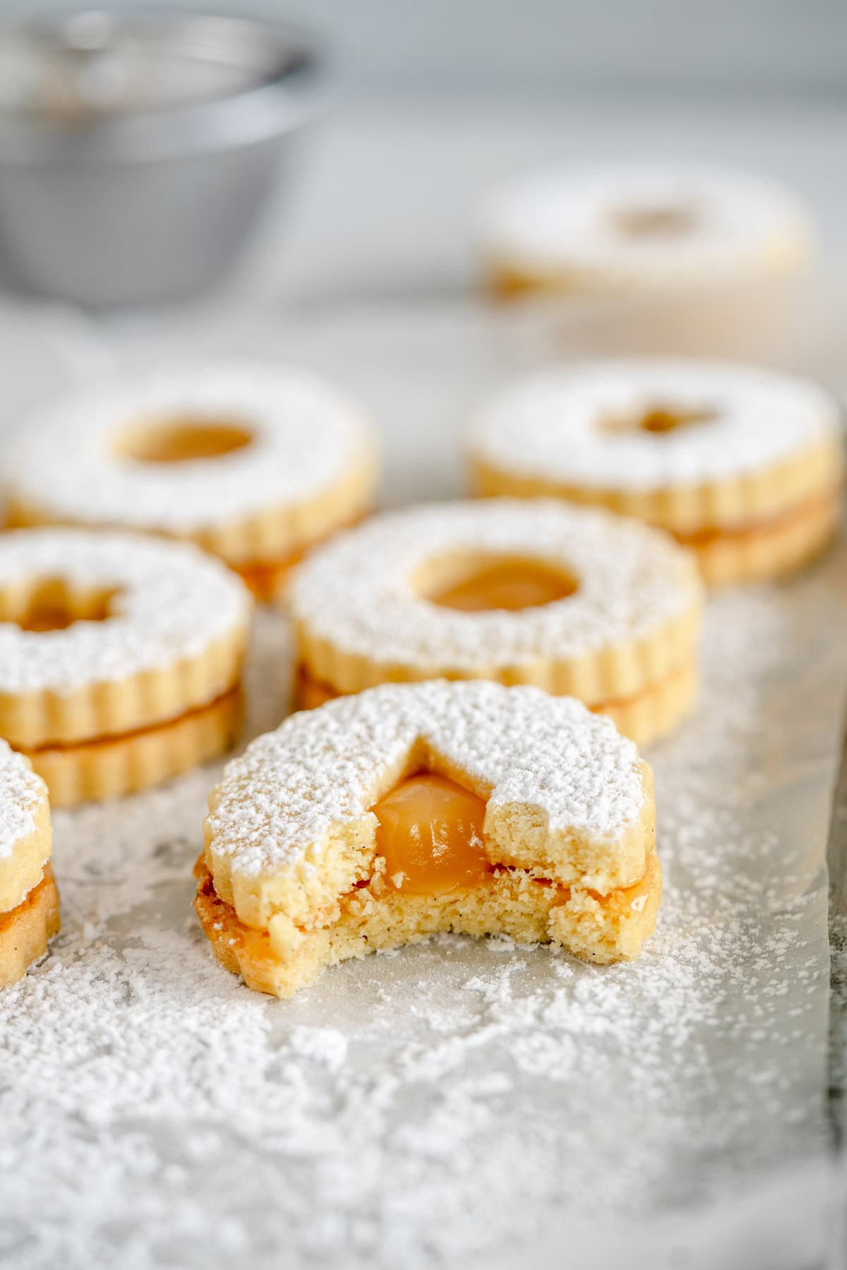 linzer cookie with bite taken out