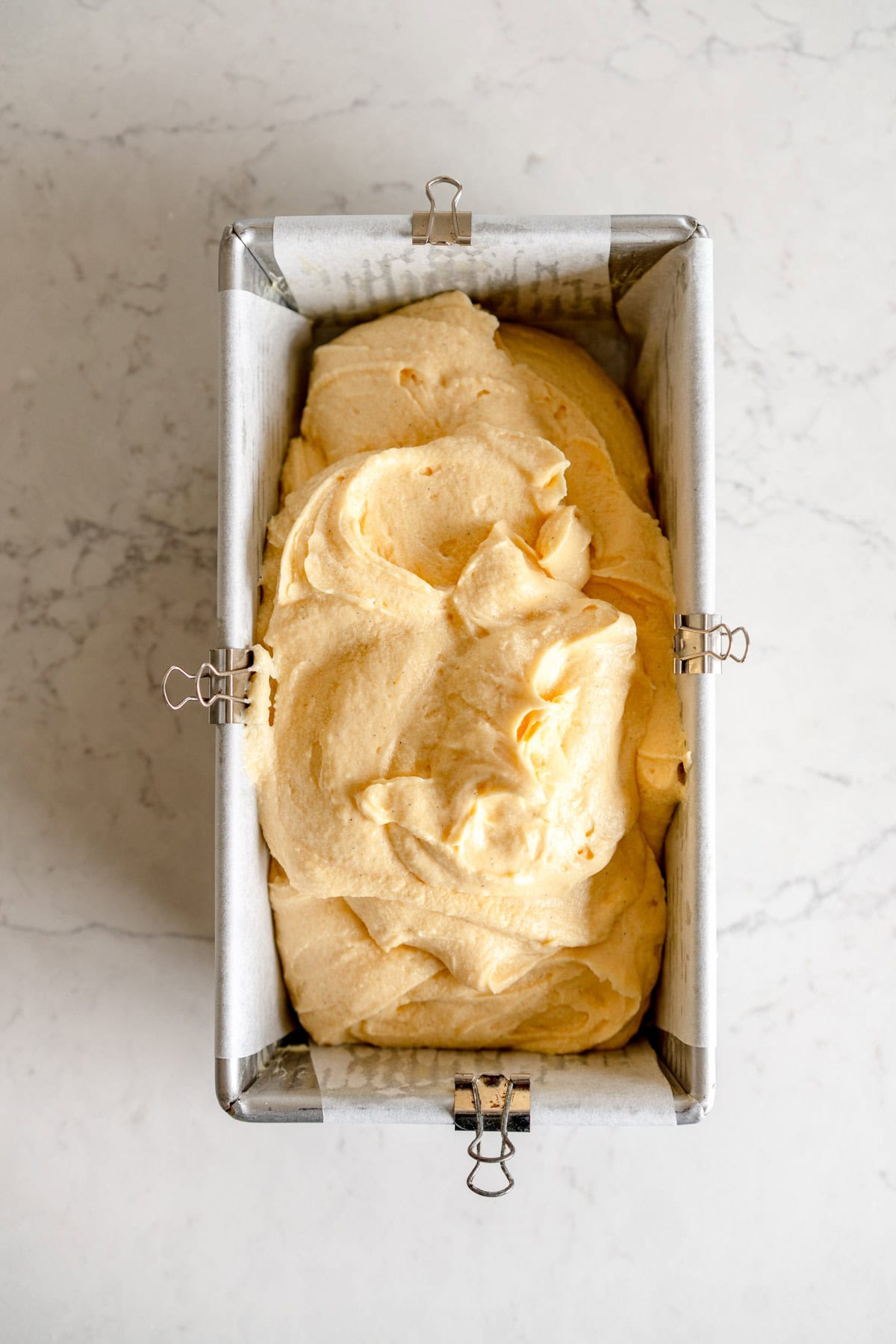 pound cake batter added to pan