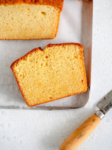 slice of pound cake on tray